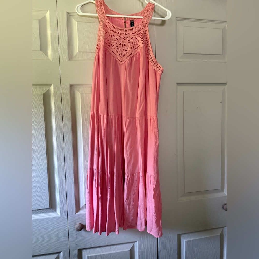 Pink Crochet Yoke Tiered Maxi Dress